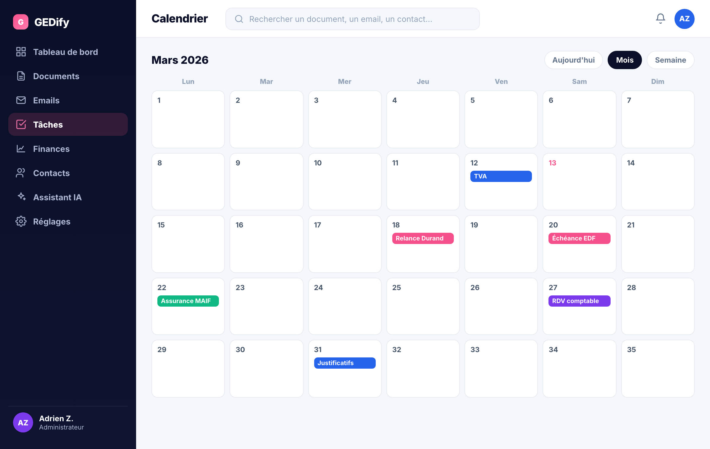 Calendrier des échéances GEDify