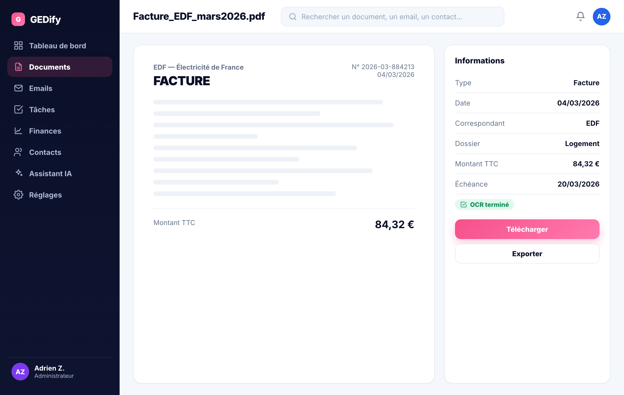 Document avec texte reconnu par l'OCR