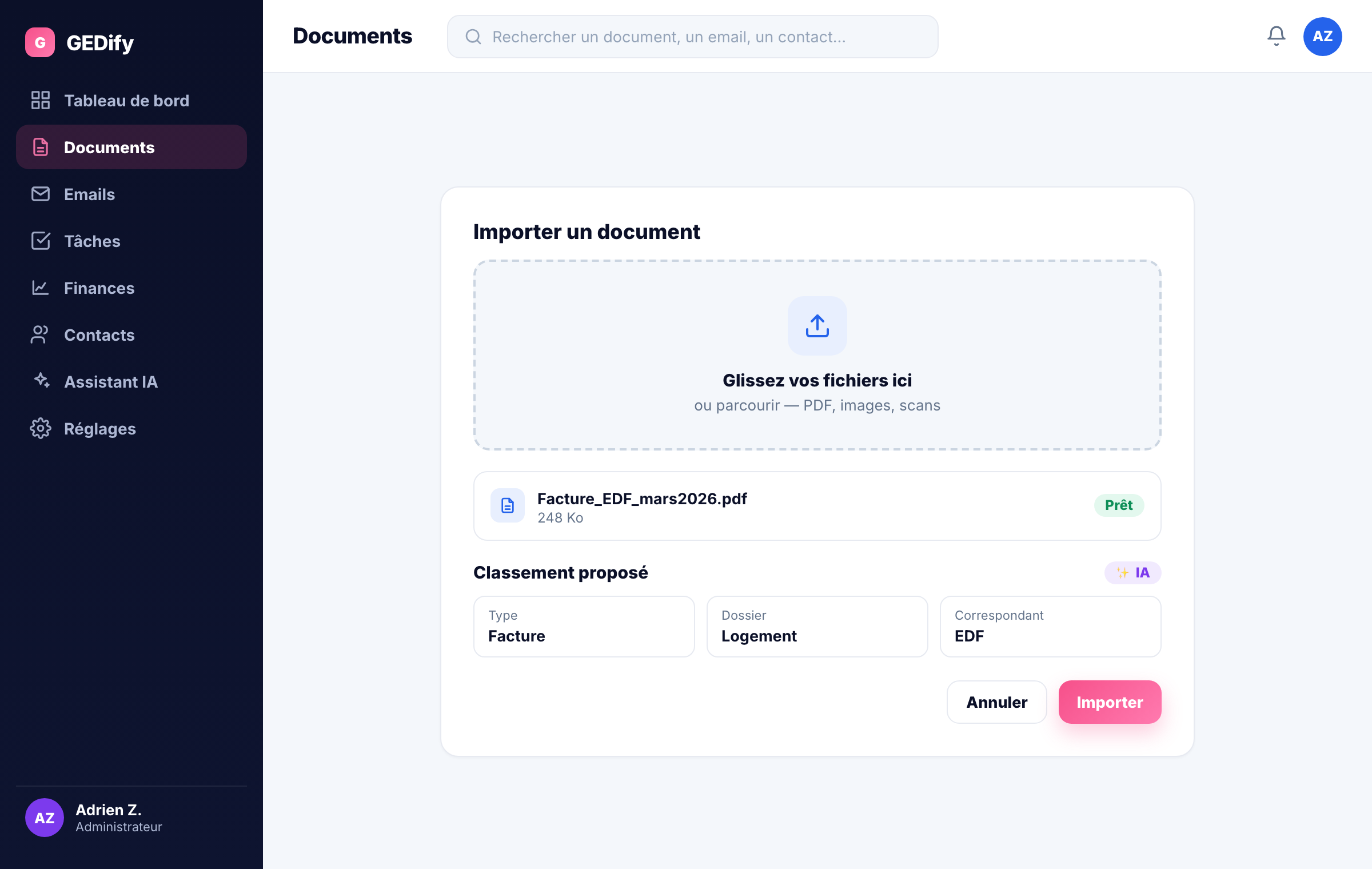 Écran d'import d'un document