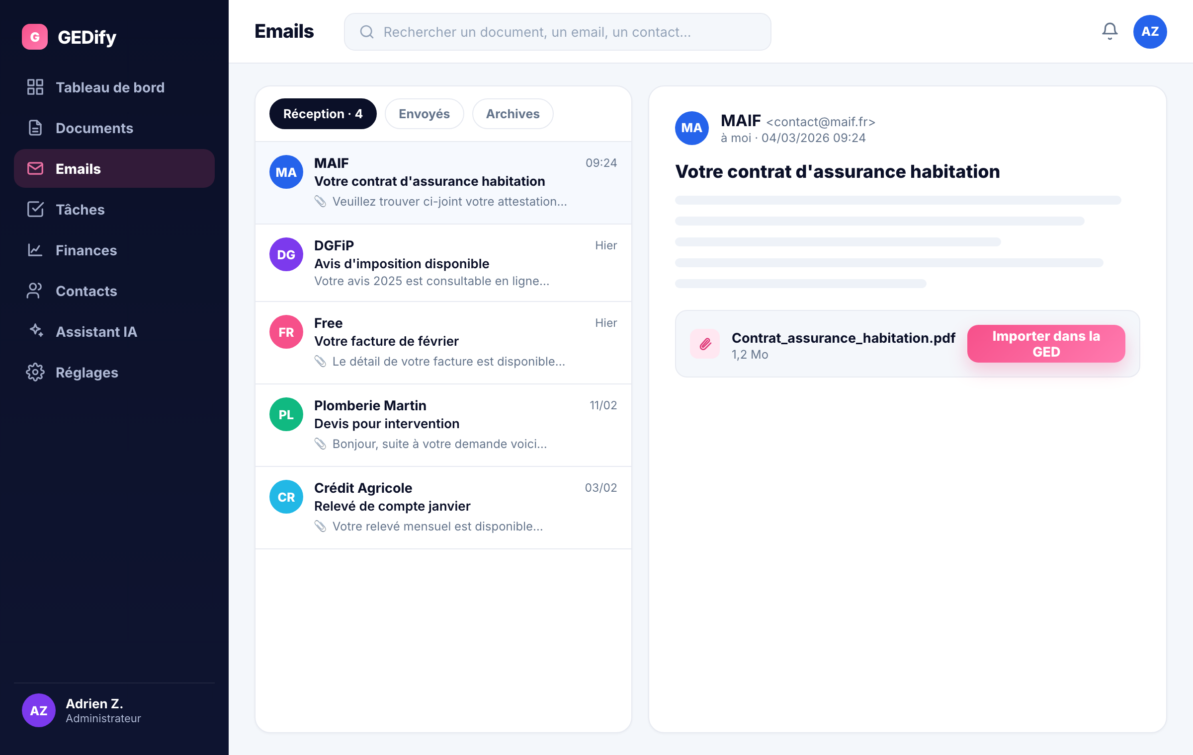 Boîte de réception connectée dans GEDify